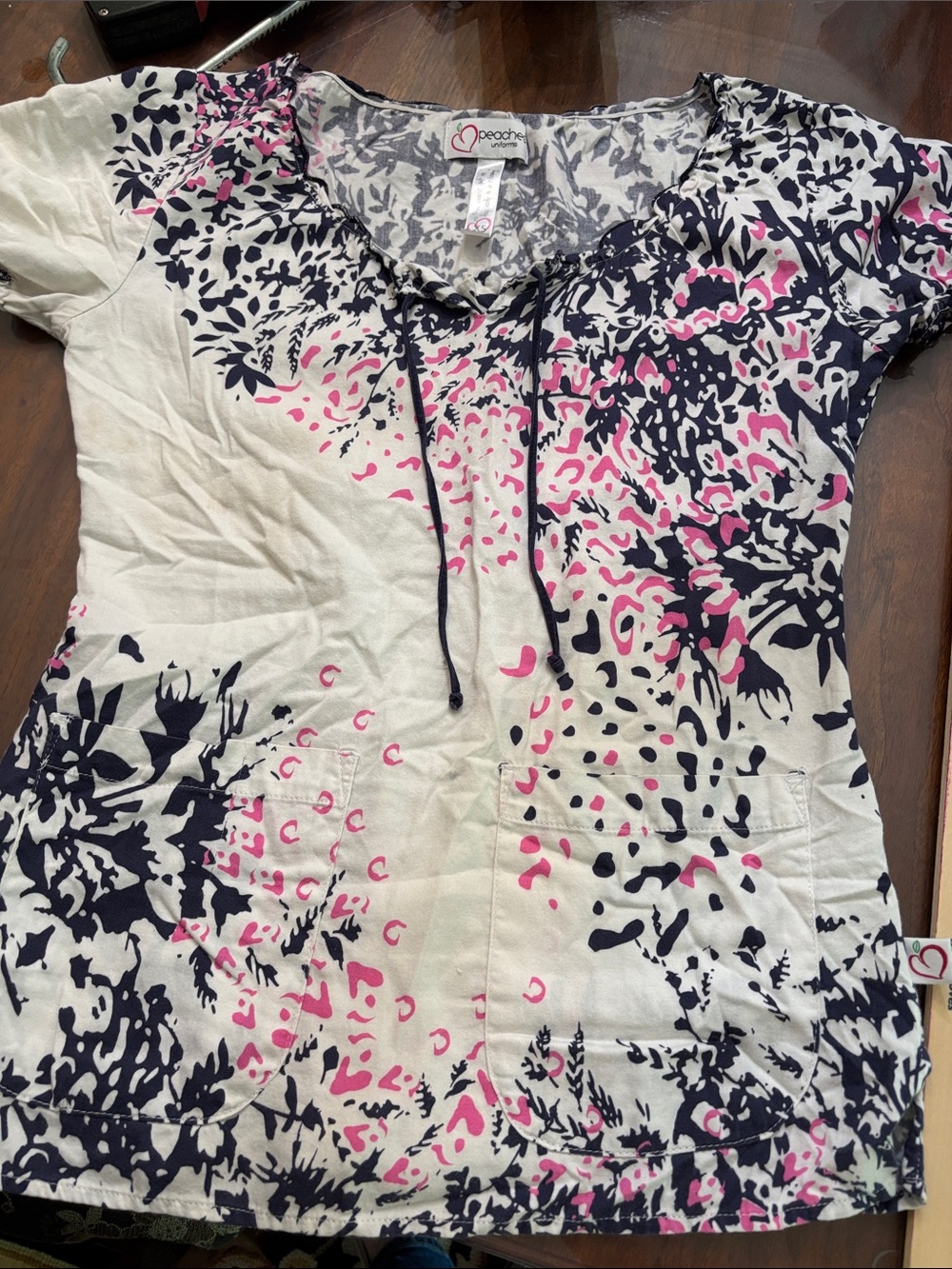 Peaches Uniforms White Black or navy blue ? and Pink Floral Short Sleeve Blouse
